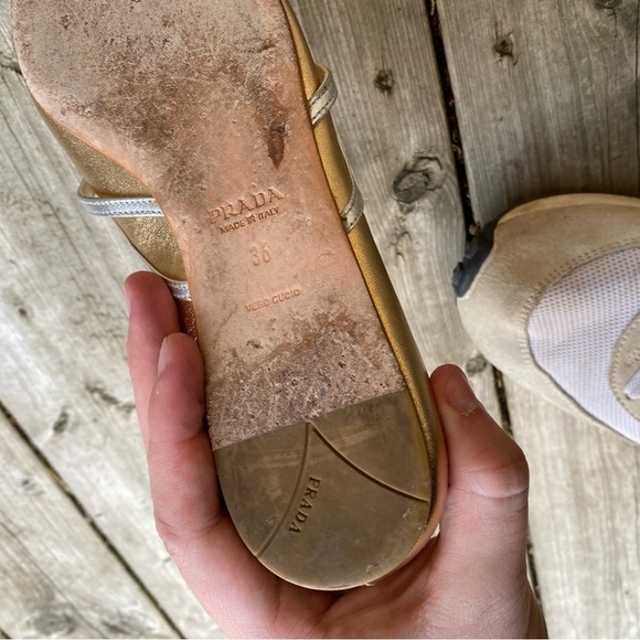 Prada Gold/Silver Leather Toe Pointed Toe Ballet Flats Size 6 - Picture 9 of 14